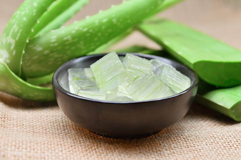 aloe vera gel in the black bowl and leaf on rustic fabric backgr