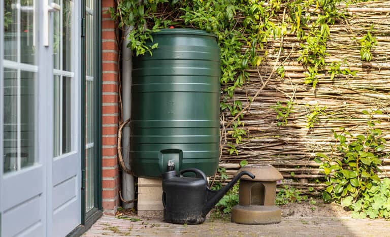 a green rain barrel to collect rainwater and reusing it to water